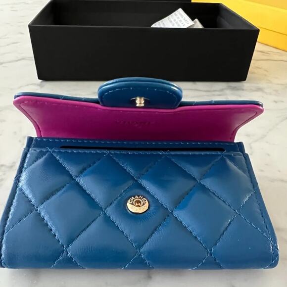 Chanel Leather Quilted Card Holder Wallet Blue teal w/box + reciept - Picture 2 of 9